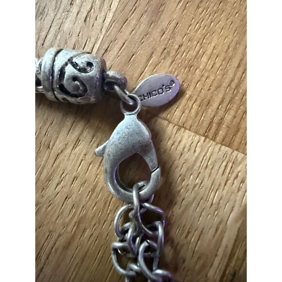 Chicos Silver Tone Braid Chain Necklace Mother of Pearl & Rhinestone Pendant 15” - Picture 4 of 7